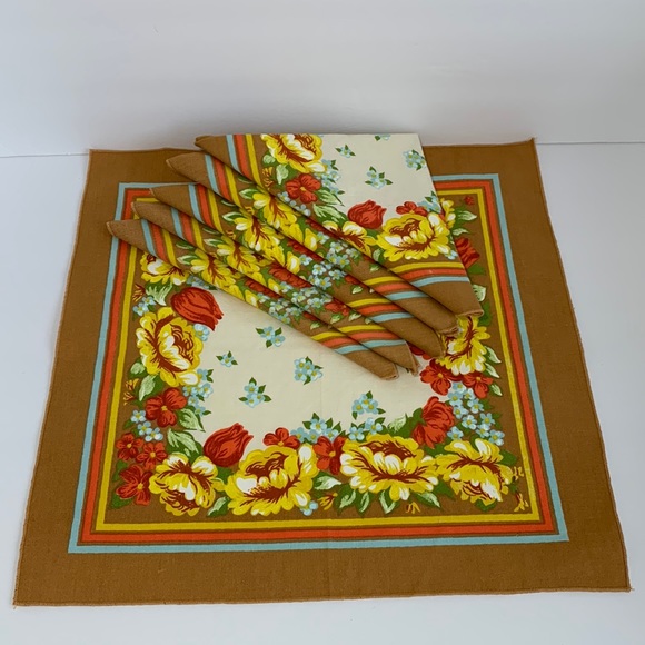 VTG Cloth Napkins Set of 6 Cloth Floral and Stripes 60โs-70โs Colors on Cream - Picture 1 of 13